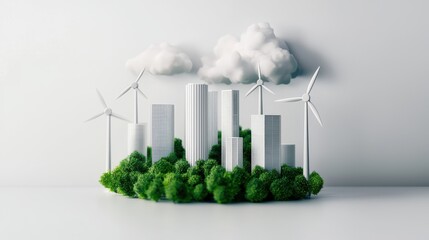 Poster - A miniature urban landscape featuring wind turbines, greenery, and tall buildings, symbolizing sustainable development and eco-friendly practices.