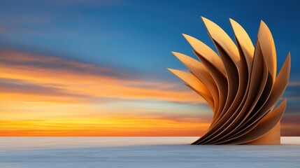 Poster - A striking sculpture resembling open pages against a vibrant sunset sky, symbolizing creativity and imagination.