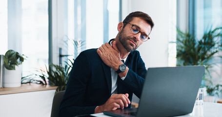 Leinwandbilder - Businessman, pain and neck injury with laptop for muscle tension, accident or bad posture at office. Man, employee or sore ache with shoulder or joint inflammation for strain or pressure at workplace