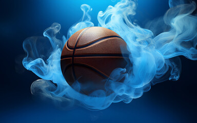 Wall Mural - Basketball ball in blue smoke on a black background. Copy space.