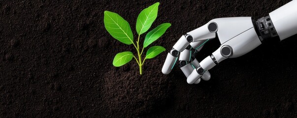Poster - A robotic hand gently plants a small green sprout in dark soil, symbolizing the intersection of technology and nature.