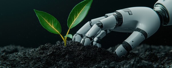 Poster - A robotic hand gently nurtures a young plant, symbolizing the intersection of technology and nature.