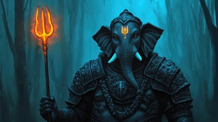 Poster - Ganesha Graphic Design Style with Glowing Elements in a Mystical Forest Background