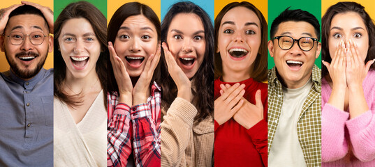 Poster - A joyful gathering of diverse, happy individuals showcases their excitement and positivity. With vibrant backgrounds, they celebrate friendship and connection in a lively atmosphere.