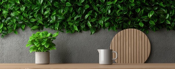 Aufkleber - A serene arrangement featuring lush greenery, a simple white pitcher, and a wooden cutting board against a textured wall, creating a calming atmosphere.