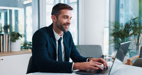 Poster - Business, happy man or typing with laptop for accounting, financial review or report at office desk. Male person, accountant or smile on computer for company finance, budget or plan at workplace