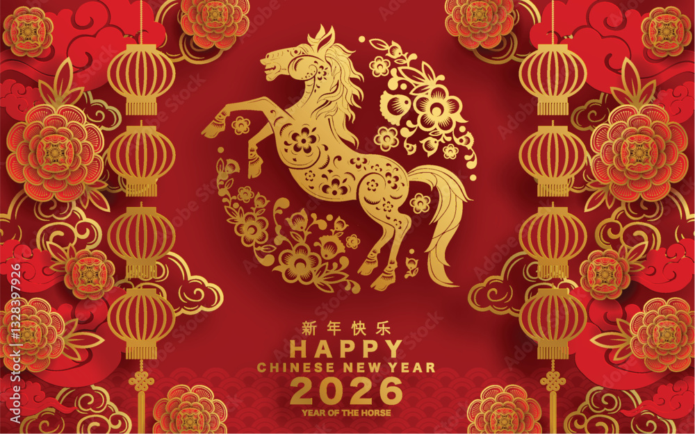 Happy chinese new year 2026 the horse zodiac sign with flower,lantern,asian elements red and gold color paper cut style on color background. ( Translation : happy new year 2026 year of the horse )