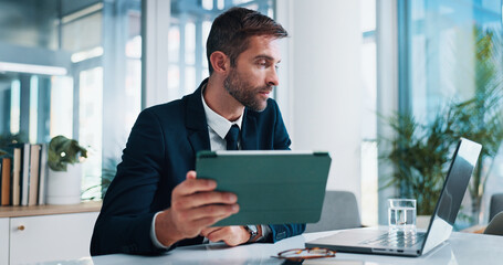 Aufkleber - Business, laptop and man in office, tablet and internet with connection, online reading and tax report. Person, financial consultant and employee in workplace, technology and email with feedback