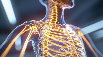 Poster - Colorful neon illustration of human skeleton showcasing bones and joints, highlighting anatomical details in vibrant style