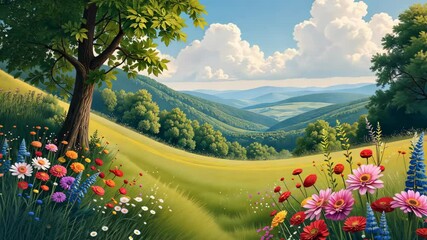 Poster - A path with a tree and pink flowers. The flowers are in the foreground and the tree is in the background