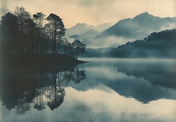 Poster - Serene Morning Landscape with Misty Lake, Reflections of Trees and Mountains in Calm Water, Tranquil Nature Scene at Dawn with Soft Lighting