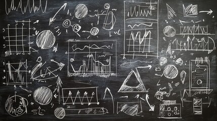 Poster - Data Visualization: A detailed chalkboard illustration presents a complex web of graphs, charts, and diagrams, suggesting analytical depth and innovative strategies