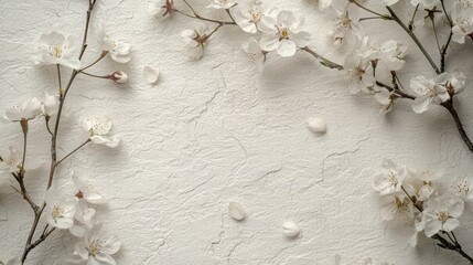 Poster - blossom and textured: delicate white cherry blossoms cascade over a textured surface, creating a ser