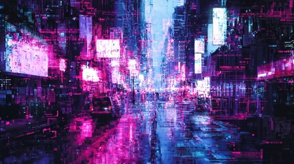 Poster - neon cityscape: a futuristic metropolis at night, pulsating with neon lights and a vibrant energy, r