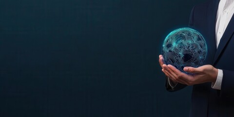 Fototapete - A person in a suit holds a glowing globe, symbolizing technology and global connectivity against a dark background.