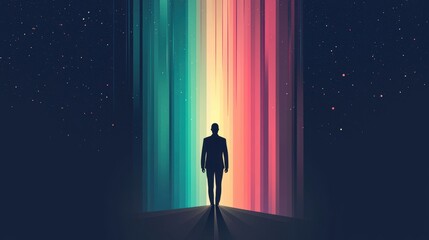 Poster - A silhouette stands before vibrant, colorful beams of light, creating a mystical and introspective atmosphere against a dark background.