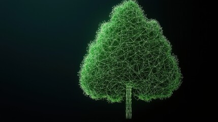 Poster - A vibrant green tree shape made of intricate, glowing strands, set against a dark background, symbolizing nature and digital artistry.