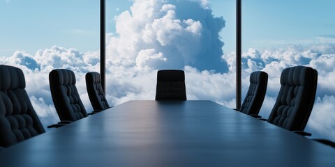 Aufkleber - A modern conference room with a large table, surrounded by chairs, overlooking a stunning view of clouds and sky.