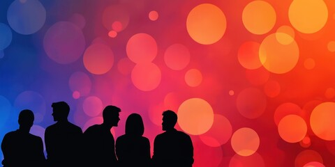 Poster - Silhouettes of people against a vibrant, colorful bokeh background, creating a lively and engaging atmosphere.