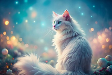 Wall Mural - Surreal Fluffy White Cat Back View, Dreamy Pet Photography