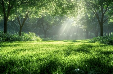 Poster - Serene Sunlit Meadow Surrounded by Lush Green Trees and Soft Grass in a Peaceful Forest Landscape