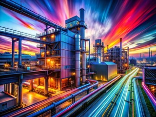 Poster - Surreal Modern Factory Exterior: Futuristic Industrial Architecture at Dawn