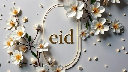Poster - A white flower arrangement with the word Eid written in gold. The flowers are white, and the arrangement is on a white background