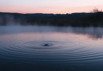 Poster - Serene Water Surface with Circular Ripples at Dawn against a Misty Landscape and Soft Colorful Sky Reflections in Early Morning Light
