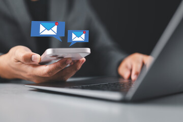 Fototapete - Businessman using smartphone with email. Business email communication in the digital age new messages and alerts. Inbox with email Marketing Strategy and Notifications. internet technology.