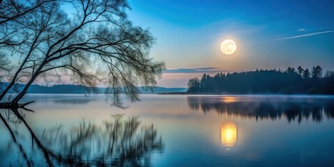 Wall Mural - serene moonlit lake reflecting a tranquil forest at dawn, with a majestic tree silhouetted against t