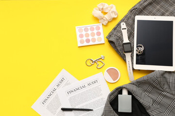Wall Mural - composition with modern gadgets, female accessories, clothes and financial documents on yellow backg