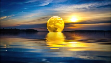 Wall Mural - golden orb rising over serene waters at sunset, mirrored in the calm surface