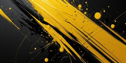 Wall Mural - black and yellow abstract background with brushstroke and halftone style. dots halftone yellow and b