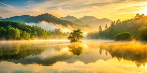 Wall Mural - serene sunrise over misty lake and mountain range, reflecting golden light on calm waters
