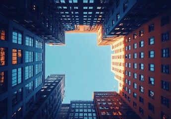 Poster - Unique Perspective of Urban Architecture Framing a Bright Blue Sky Above a Narrow Alleyway Surrounded by Tall Buildings in a Modern Cityscape