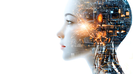 Poster - Digital evolution futuristic human-cyborg interface virtual realm conceptual art ethereal ambiance side profile ai innovation
