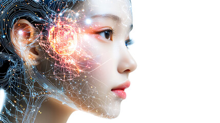 Poster - Technological innovation portrait futuristic studio digital art minimalist environment close-up concept of ai and humanity