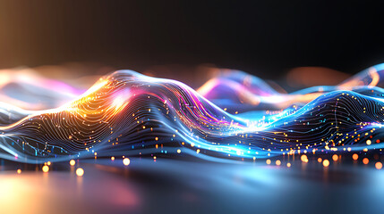 Fototapete - Dynamic light wave patterns digital art abstract visualization dark background close-up view technology concept