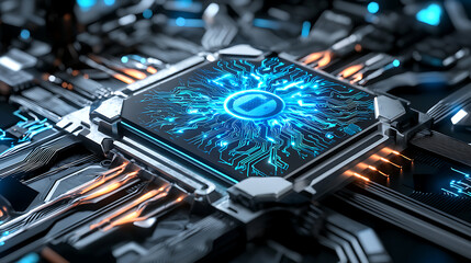 Poster - Futuristic action circuit board technology digital realm close-up image high-tech environment macro view innovation concept