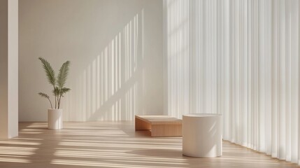 Aufkleber - A minimalist 3D scene featuring white geometric shapes, soft lighting, and a floating podium for modern product display.