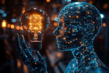 Poster - Futuristic humanoid figure holding a glowing light bulb surrounded by digital circuitry in a high-tech environment