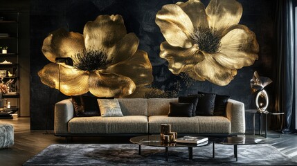 Poster - A modern luxury wallpaper featuring a deep black and gold metallic floral design with elegant reflective surfaces.