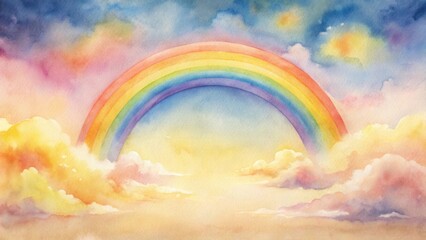 Wall Mural - serene watercolor painting of a rainbow arcing through pastel clouds and a softly lit sky