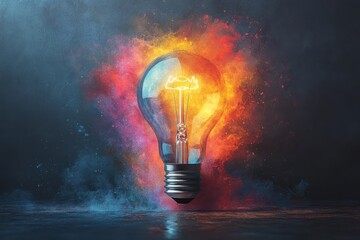 Poster - Colorful light bulb with vibrant flames and smoke in a dark environment creates an energetic atmosphere