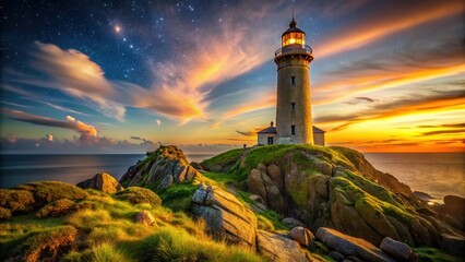 Wall Mural - serene coastal scene featuring a majestic lighthouse perched atop a rocky cliff, illuminated by the 