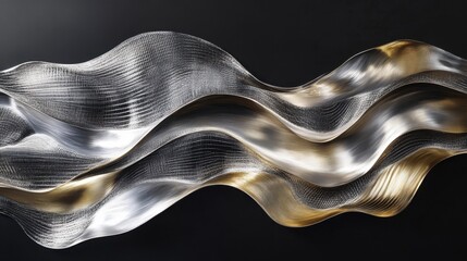 Poster - abstract metallic waves silver, gold, and textured patterns on black background.