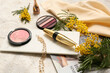 © Pixel-Shot - Decorative cosmetics with chain necklace, magazine and mimosa flowers on light background, closeup