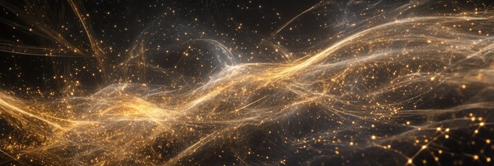 Poster - golden abstract network background with flowing light trails and sparkling particles.