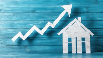 Poster - White house silhouette beside a rising arrow on a blue wooden background representing growth in real estate market trends and opportunities for investment