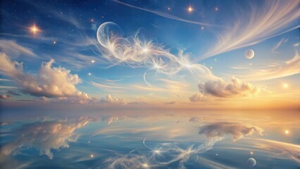 Wall Mural - serene celestial waterscape a dreamlike reflection of whimsical clouds, glowing stars, and tranquil 